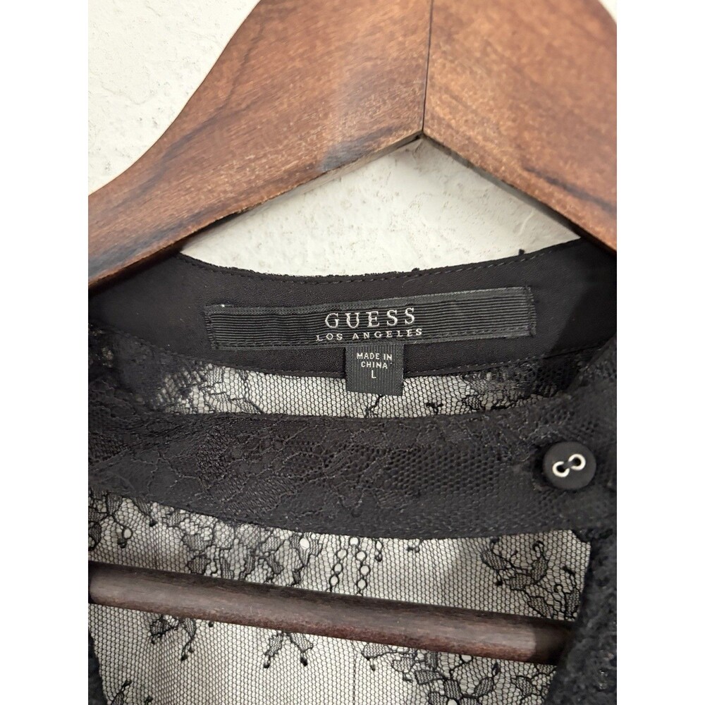 Guess Womens L Black Sheer Lace Choker Neck Long Sleeve Blouse Romantic Goth - Picture 6 of 6